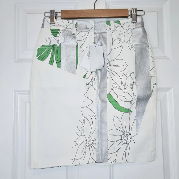 Phillip Lim Floral White Green/Silver Metallic Denim Jean Skirt NWT XS 0 - Picture 3 of 8